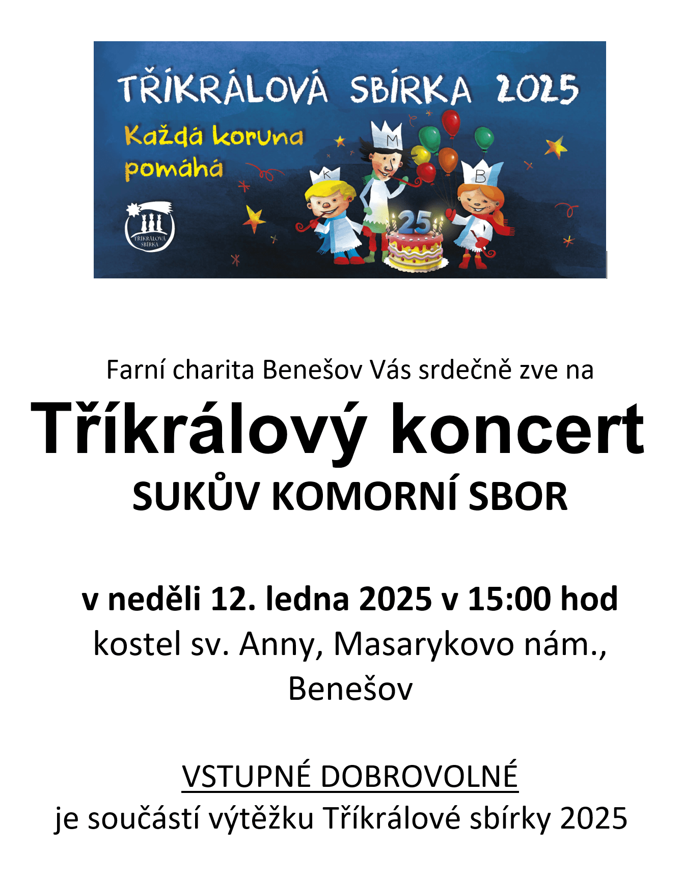 Koncert Sukova sboru - Tříkrálová sbírka 2025 @ kostel sv. Anny | Benešov | Středočeský kraj | Česko